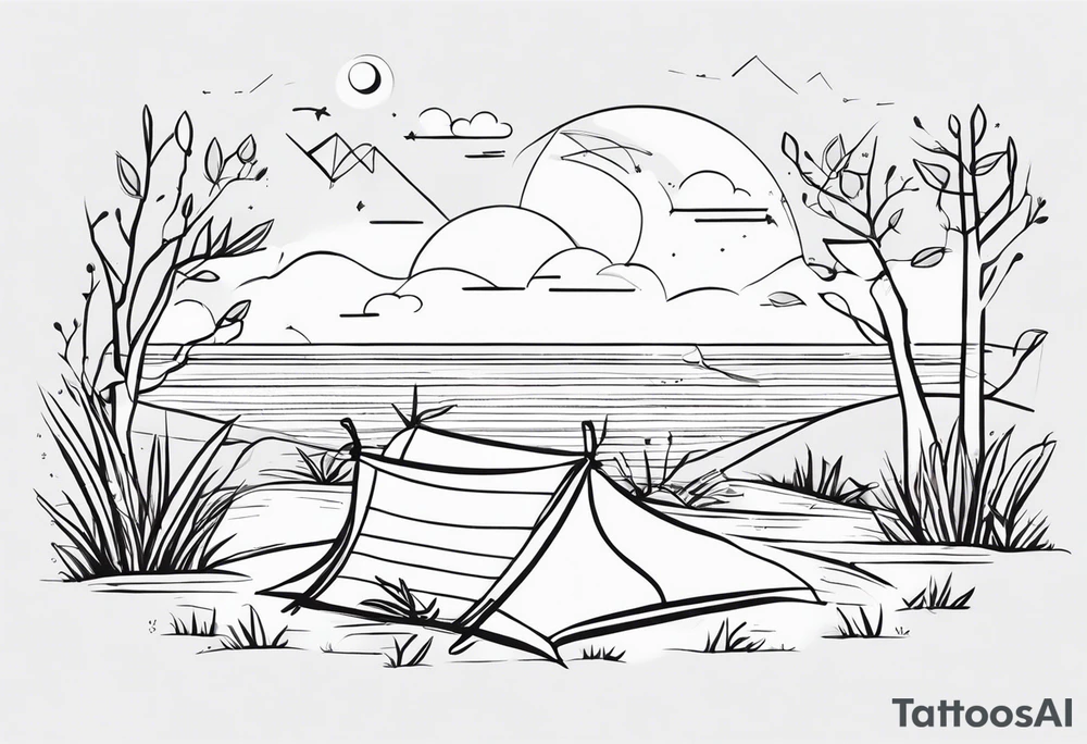 Very light and minimalstic picnic scene in nature. A blanket, picnic-basket with lid, pillows and pennants. Thin lines. tattoo idea