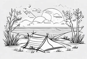 Very light and minimalstic picnic scene in nature. A blanket, picnic-basket with lid, pillows and pennants. Thin lines. tattoo idea