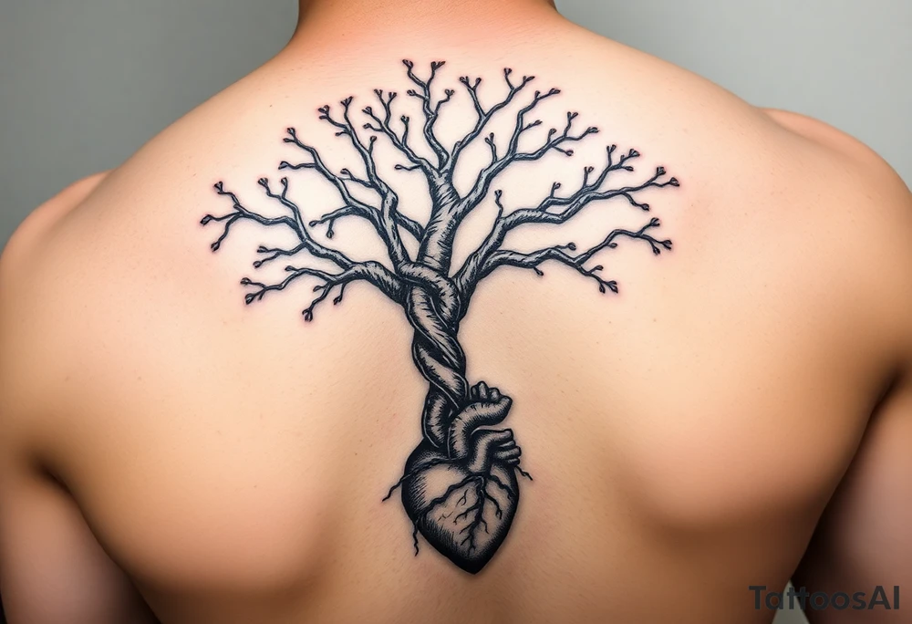 DNATREE trunk with space for names with roots with anatomical heart in bottom tattoo idea