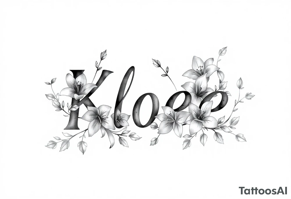 The word Kloee surrounded by lilies with the vines in letters tattoo idea