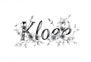 The word Kloee surrounded by lilies with the vines in letters tattoo idea