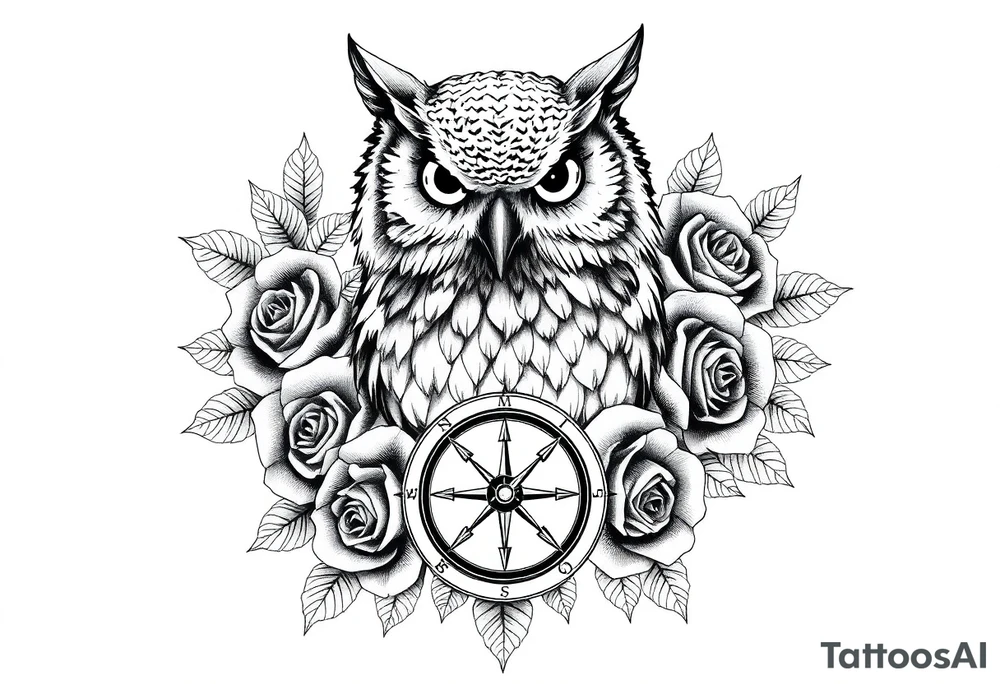 an owl,compass,roses, tattoo idea