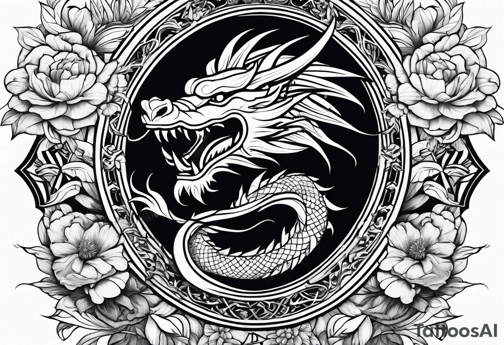 Dragón con peonías blanco y negro tattoo idea