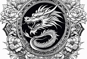 Dragón con peonías blanco y negro tattoo idea