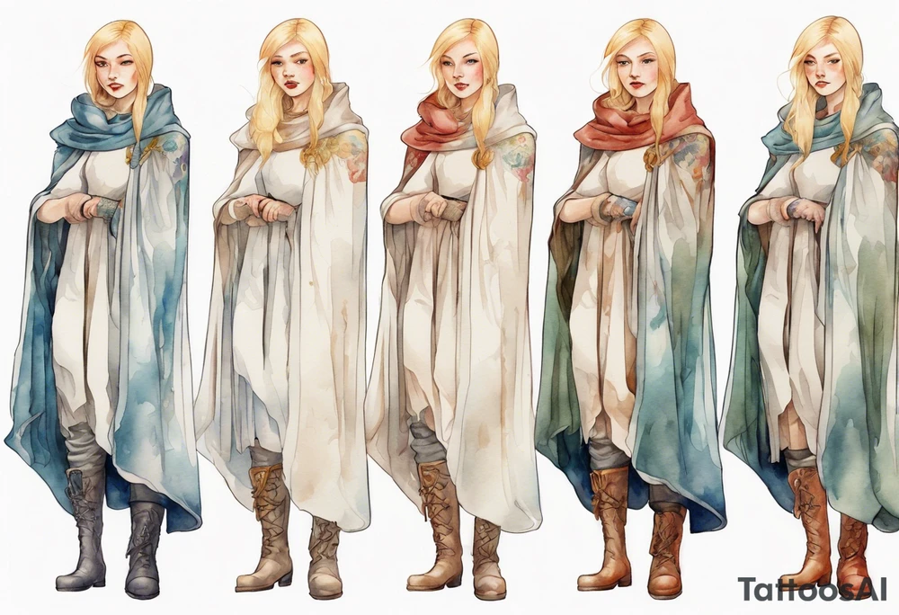 motherly blonde woman wearing white medieval cloak and boots tattoo idea