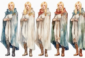 motherly blonde woman wearing white medieval cloak and boots tattoo idea