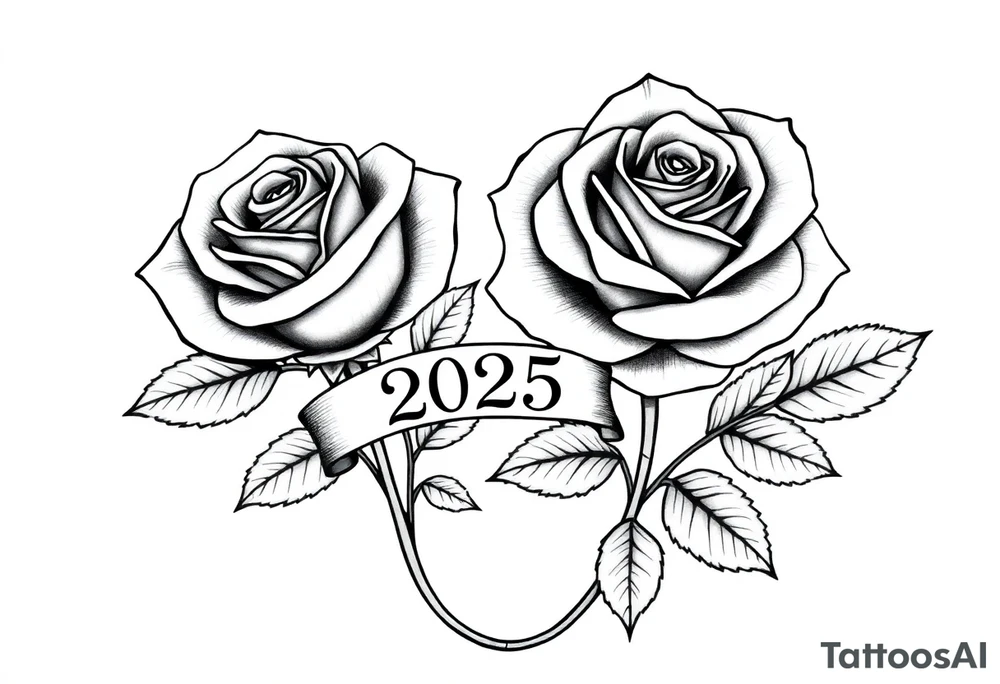 two beautiful large rose buds, one larger than the other, with many leaves next to the rose buds, with one sitting higher than the other. Include a banner connecting the two roses with the year "2025" on it.   Use dark outlines with little shading. The two stems should be short, not long, and connect and join into one stem, whimsically curved or twisted - not straight down. tattoo idea