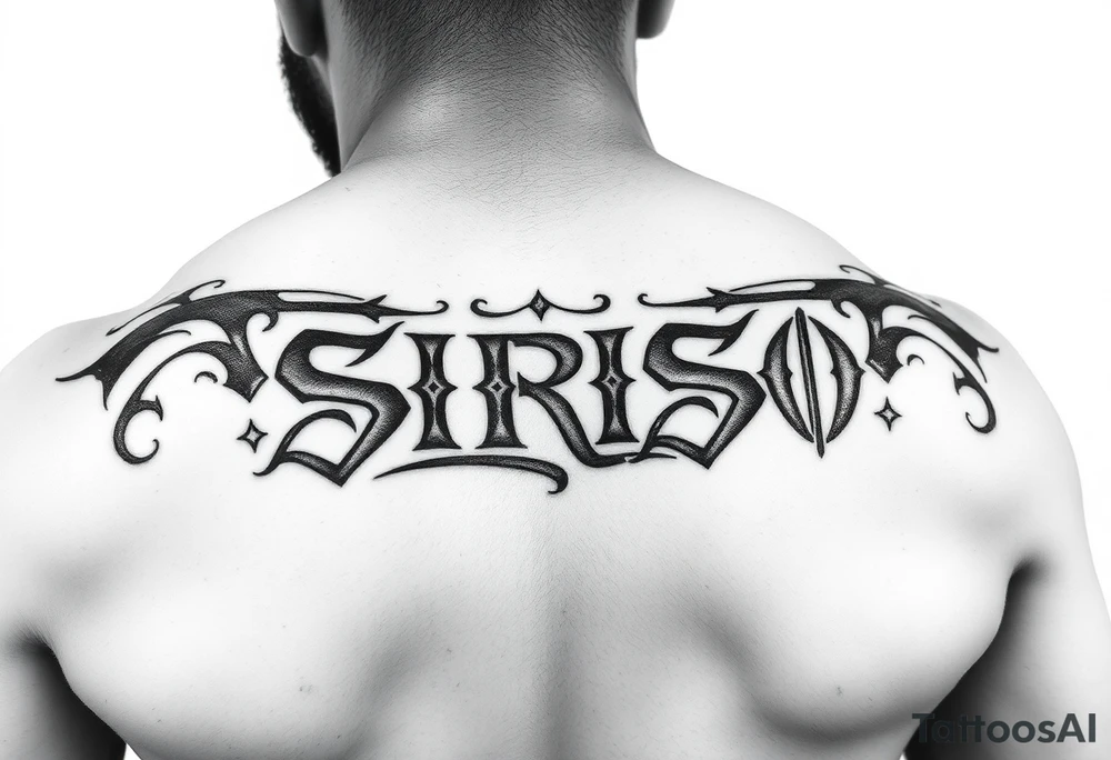 Tribal font like Dave Bautista tattoo saying “SIRISO” on bicep tattoo idea