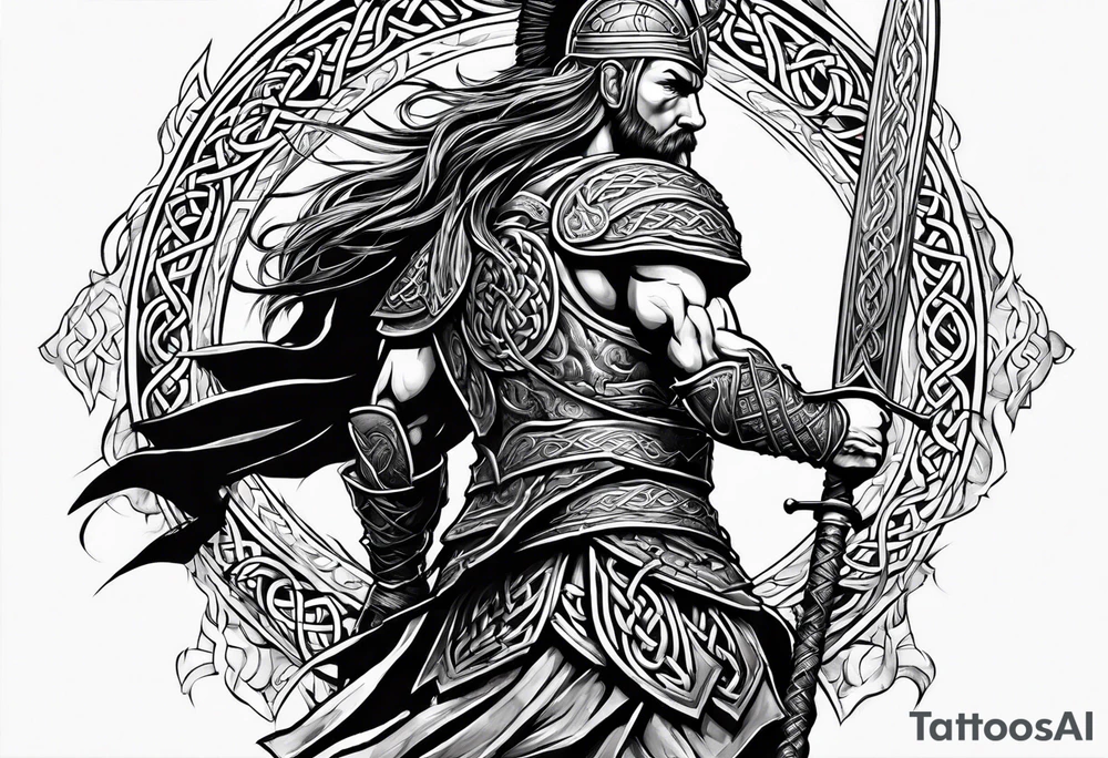 Side profile full body of Celtic warrior walking into battle tattoo idea