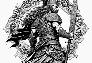 Side profile full body of Celtic warrior walking into battle tattoo idea