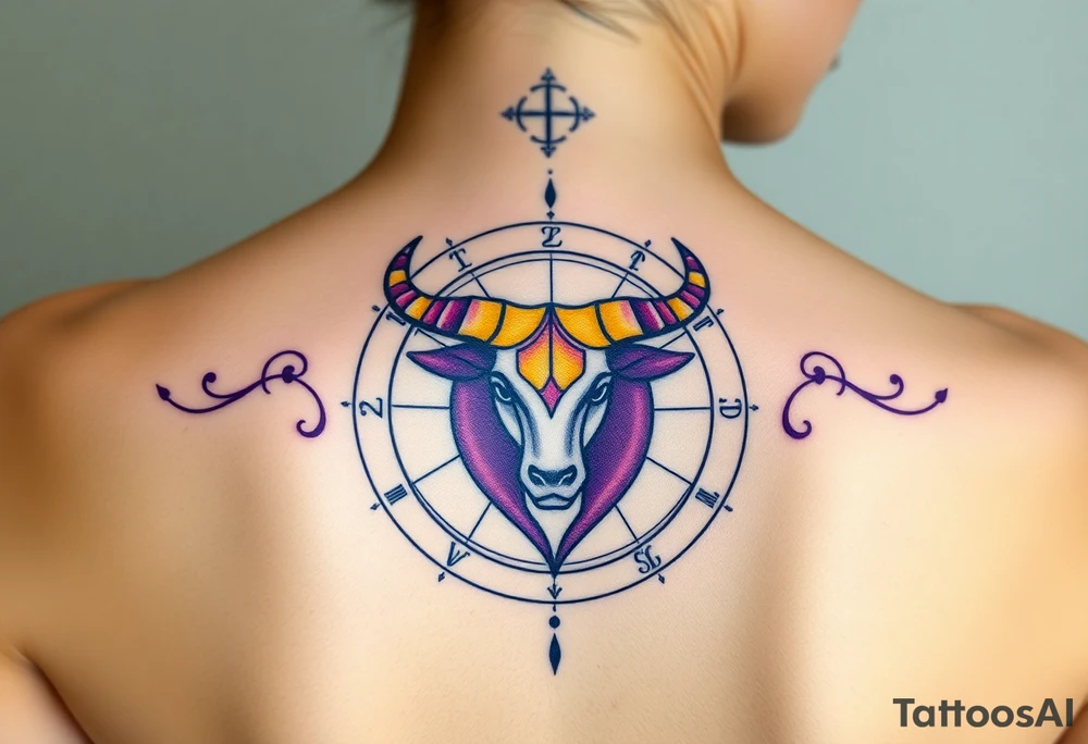 Powerful Taurus tattoo horiscope with purple and yellow tattoo idea