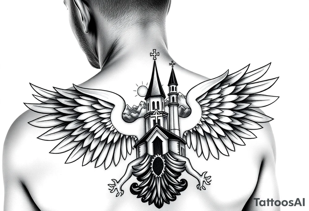 russian coat of arms with the eagles wings spanning out on my back neck across my shoulders / traps with a orthodox christian church being visible in a mountainous sun beaming setting, with the russian orthodox cross spire of the orthodox church being visible on my neck with a sun beaming in the background that the cross sits inside tattoo idea