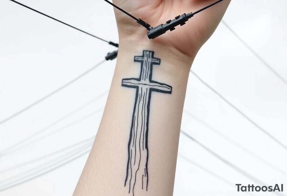 a wooden 12kv distribution pole with electrical lines. Make the pole a cross that has a hidden resemblance to god. tattoo idea