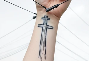 a wooden 12kv distribution pole with electrical lines. Make the pole a cross that has a hidden resemblance to god. tattoo idea