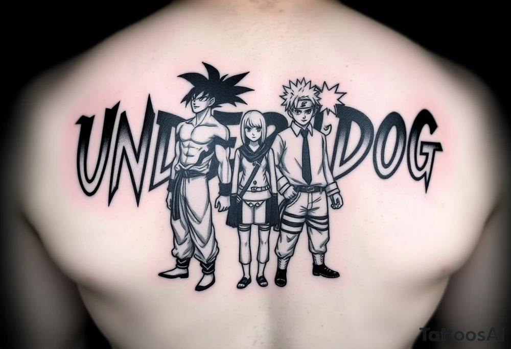 the word underdog in a cool font with 3 anime characters Goku ippo and Naruto one standing in the middle one standing on the right and one standing on the left
 on a shoulder tattoo idea