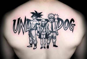 the word underdog in a cool font with 3 anime characters Goku ippo and Naruto one standing in the middle one standing on the right and one standing on the left
 on a shoulder tattoo idea