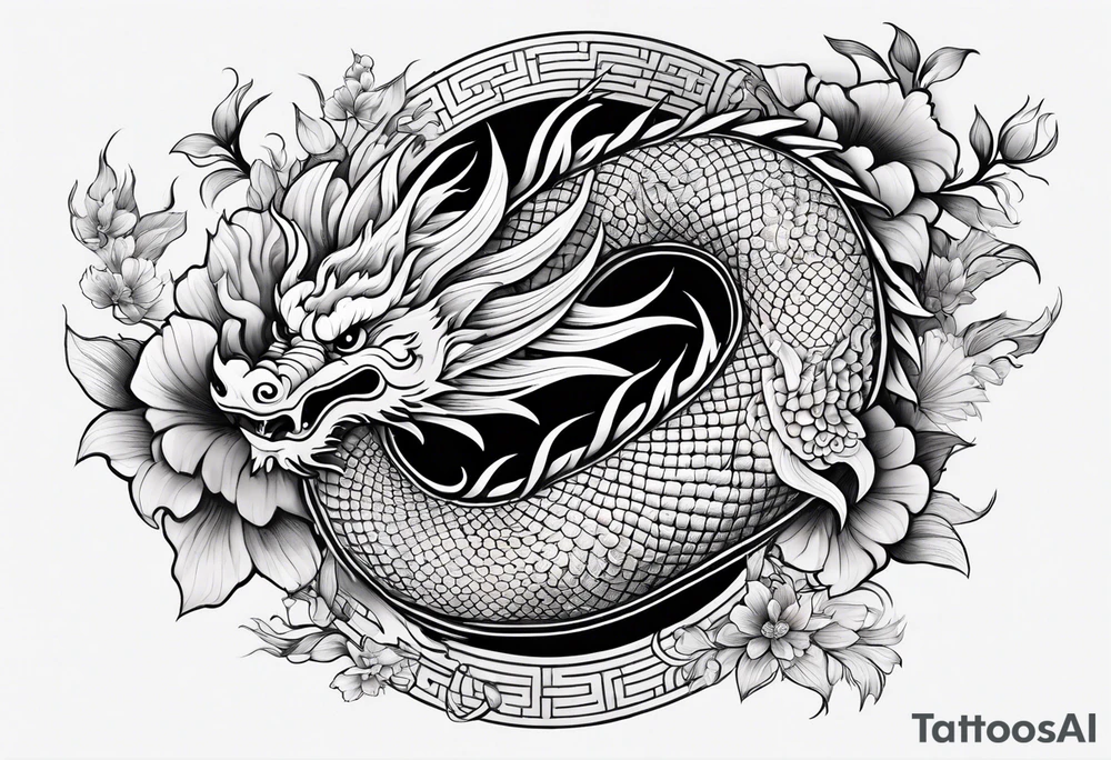 Chinese dragon, koi, floral, black, shoulder tattoo idea