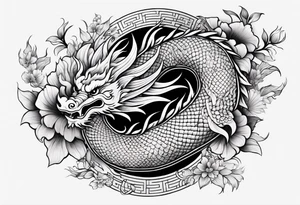 Chinese dragon, koi, floral, black, shoulder tattoo idea