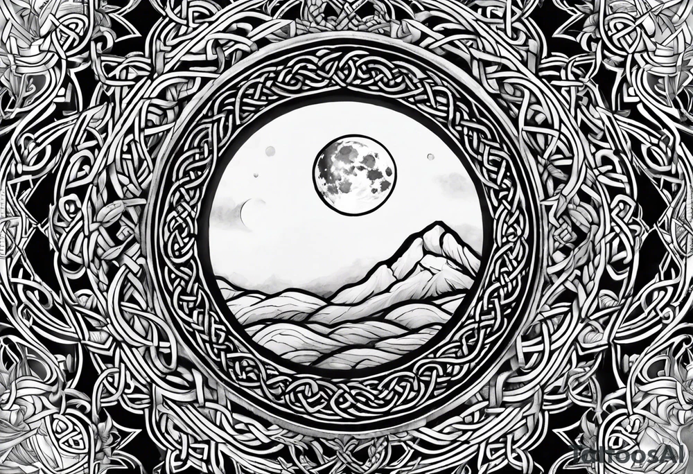 Moon, celtic symbol, hydrangia tattoo idea