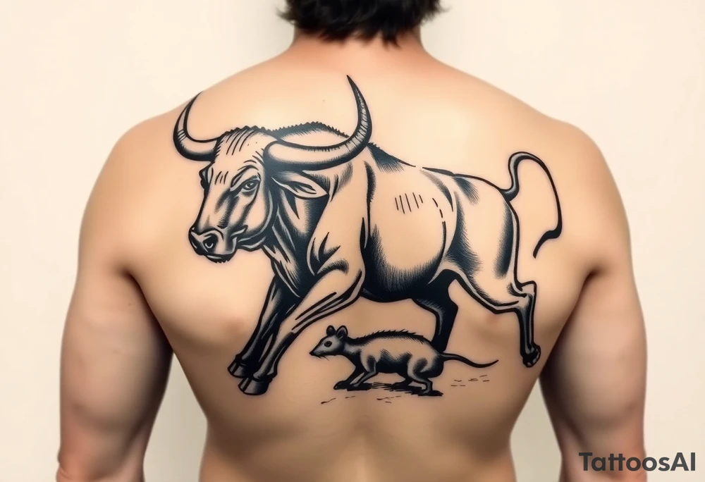 I want a tattoo with a bull with its horns down running full body chasing a rat on my lower back tattoo idea