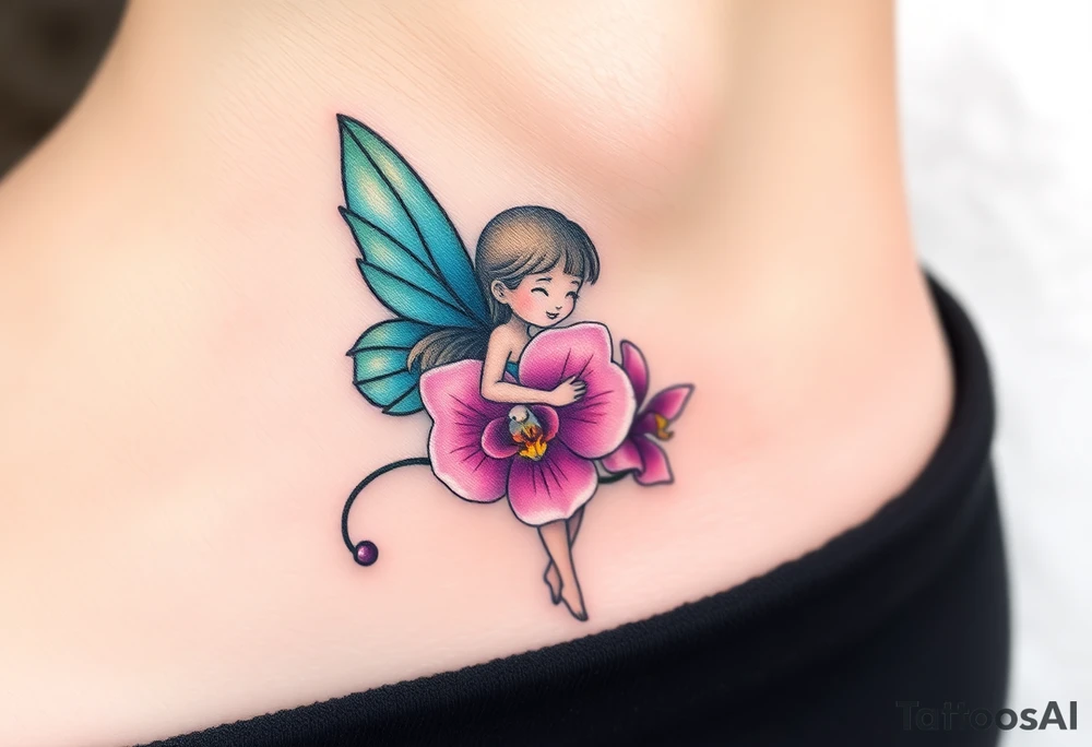 A fairy holding an orchid flower, with soft ocean-inspired colors blending into the design tattoo idea