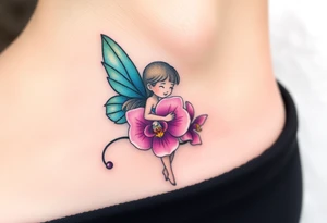 A fairy holding an orchid flower, with soft ocean-inspired colors blending into the design tattoo idea
