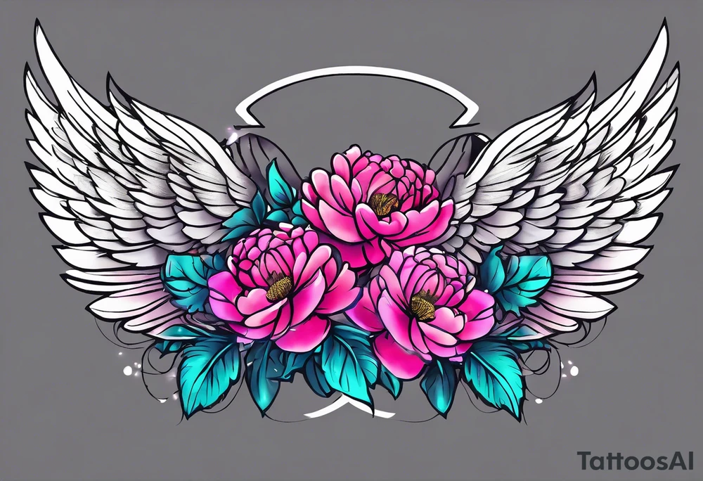 beautiful colorful neon angel wings, surrounded by beautiful peonies, new school style, streetwear, urban wear, white background tattoo idea