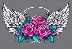 beautiful colorful neon angel wings, surrounded by beautiful peonies, new school style, streetwear, urban wear, white background tattoo idea