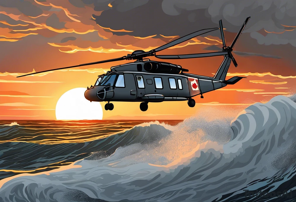 Canadian military grey CH-148 Cyclone helicopter soaring low over rough, ocean waves. The sun is setting, casting a dramatic glow on the scene with realistic clouds and a specular reflection of the helicopter on the water. The helicopter should be the main focus, with intricate details and a sense of motion. In the background, a poppy be prominently displayed tattoo idea