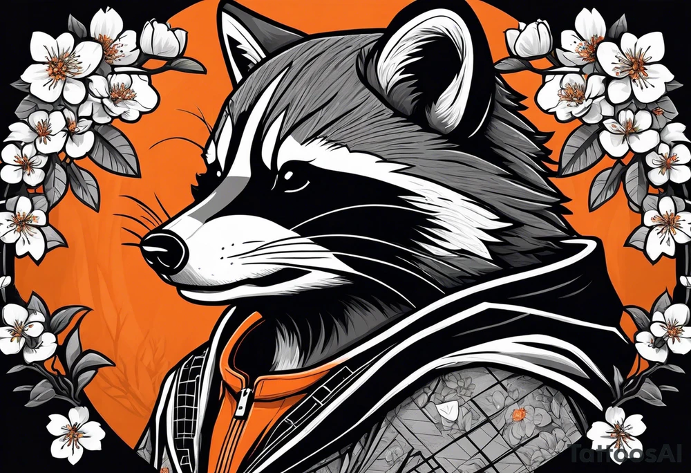 Raccoon wearing a white Superman logo on a black hoodie and orange Japanese cherry blossoms beside tattoo idea