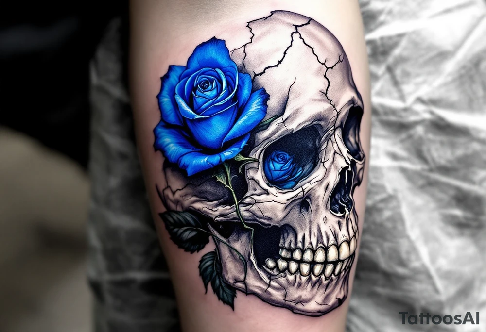 Blue rose growing from a cracked skull, vibrant ultramarine petals contrasting with aged bone in grayscale. tattoo idea