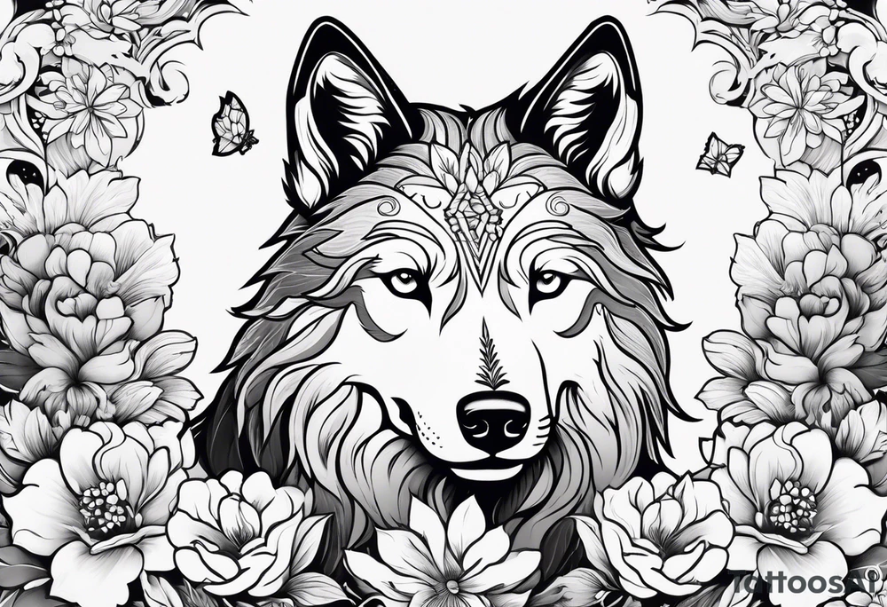 Cute ghost wolf, surrounded by flowers, forearm or wrist tattoo tattoo idea