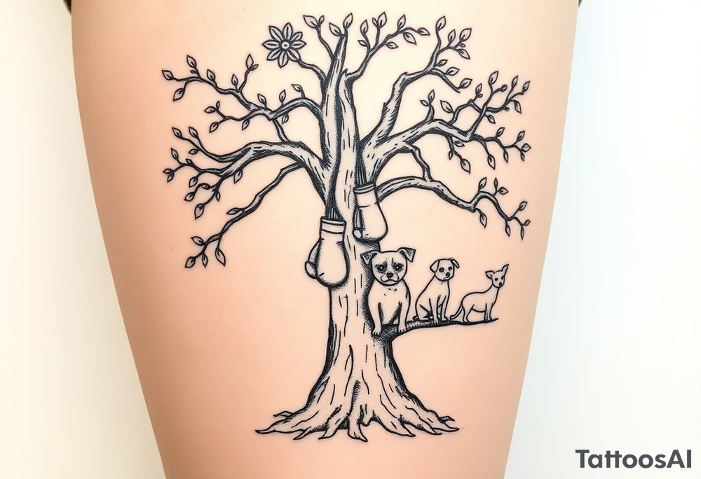 Hippy beech tree full of life. 
Jamie, Derek, Iris, John, bill, Winnie names in the roots, Mavis, Garhi, Mickey, Pam, Lucy, in the branches at the top. Names can be in Hebrew. 
Three dogs a Rhodesian Ridgeback, King Charles cavalier and chihuahua. 
Prett, feminine ornate. Boxing gloves hanging from tree tattoo idea