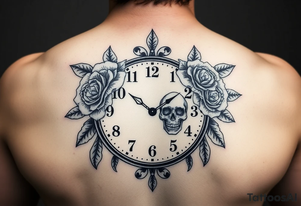 Clock face 11:43 as set time. With roses and skull tattoo idea