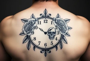 Clock face 11:43 as set time. With roses and skull tattoo idea