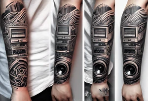 A forearm tattoo about electronic music. Not too minimalistic but not too detailed. Abstract. No speakers tattoo idea