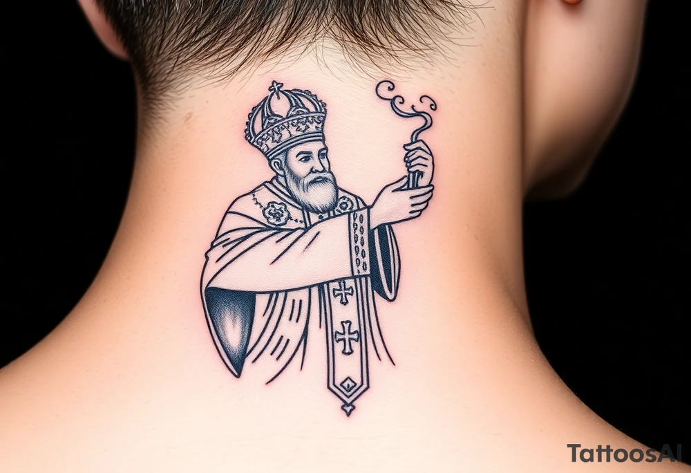 Russian Orthodox Priest in a fully detailed gold vestment swinging a censer with smoke curling upward tattoo idea