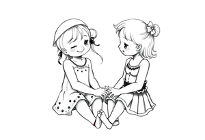 Zwei grinsende kleine mädchen sitzen sich gegenüber eine hat einen Dutt die andere einen Zopf und sie berühren sich an den Fußsohlen seitenansicht tattoo idea