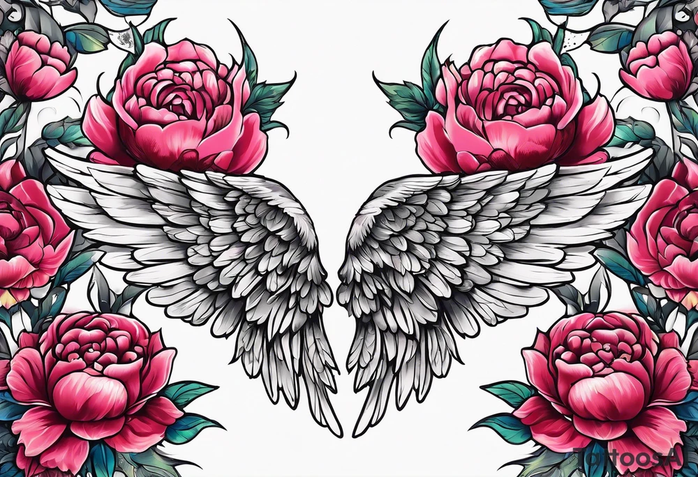 beautiful angel wings with floral peonies, roses, neon, brightly colored. highly detailed, tattoo idea