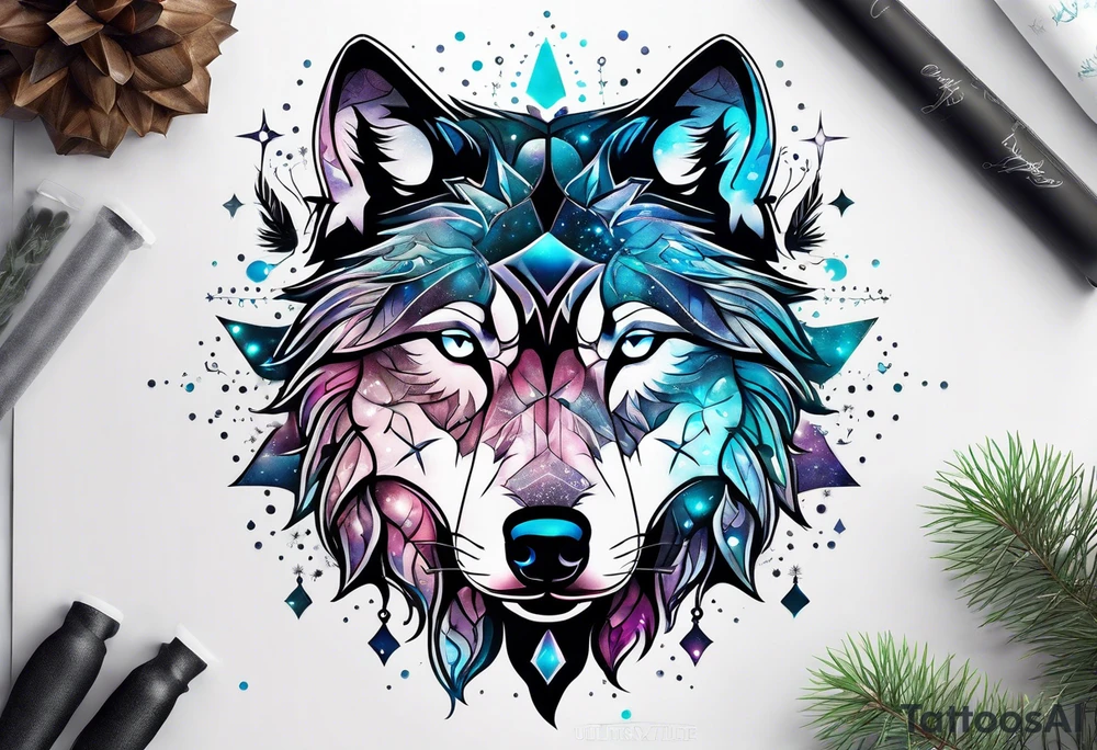 Constellation, two animal wolf, snowflake tattoo idea