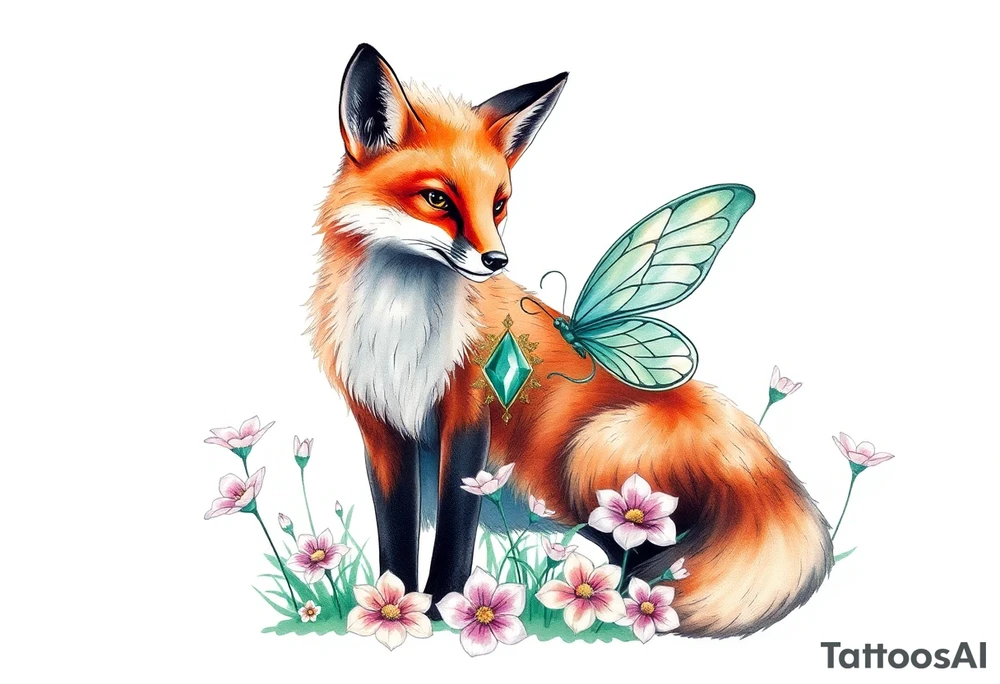 Fox with a fairy standing close to it  holding a emerild jem in a field of lillys tattoo idea
