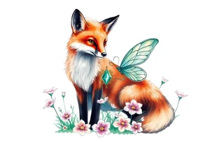 Fox with a fairy standing close to it  holding a emerild jem in a field of lillys tattoo idea