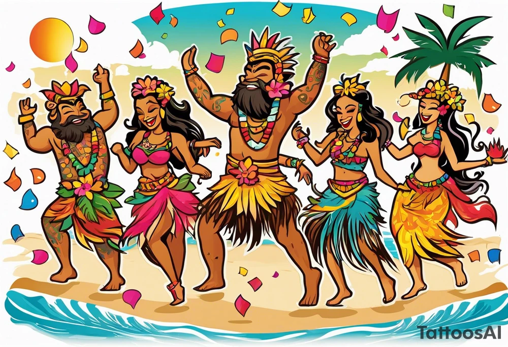 dancing tiki gods dance party on the beach with a sunset in the center of the image with confetti and music notes and sexy hula girls that are blonde and burnette tattoo idea