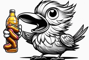 Cute cartoon Bird with a gun in its mouth with “ hot dog water” underneath tattoo idea