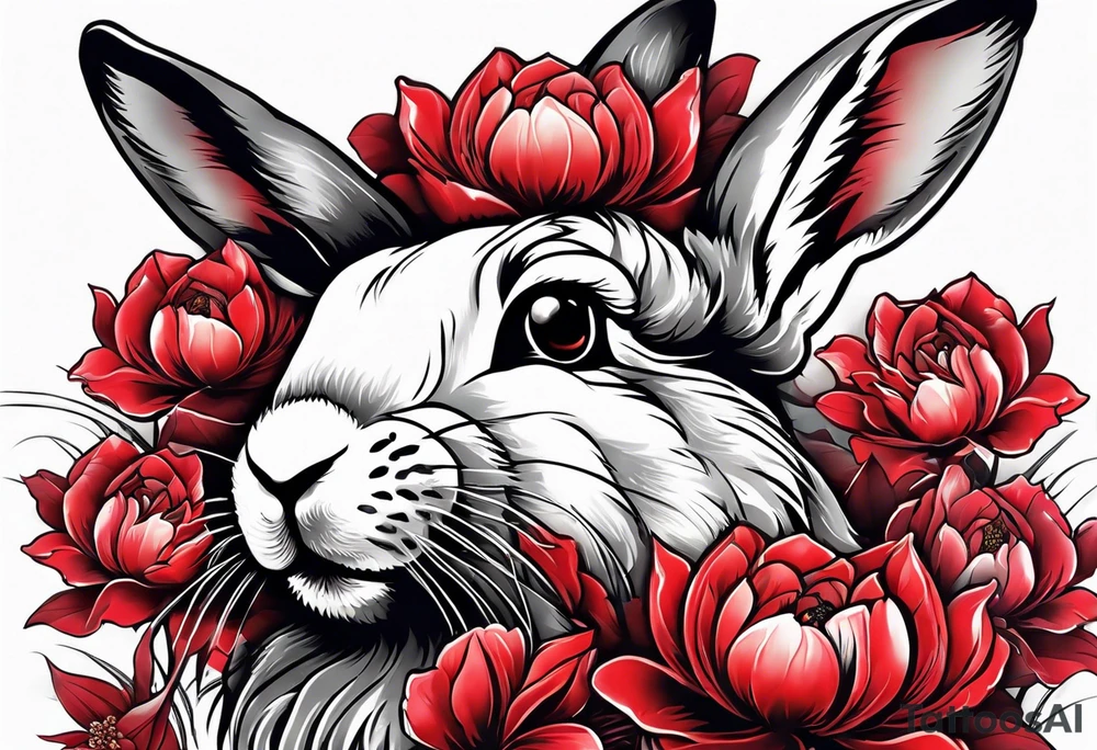 Rabbit on Red peony with dangling pearl necklace tattoo idea