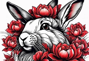 Rabbit on Red peony with dangling pearl necklace tattoo idea