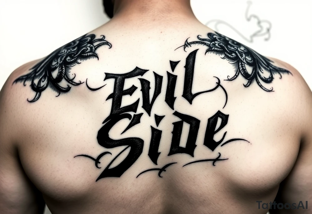 powerful bold cover up saying Evil Side black and with shading and dark smoke around it gangsta writing old english tattoo idea