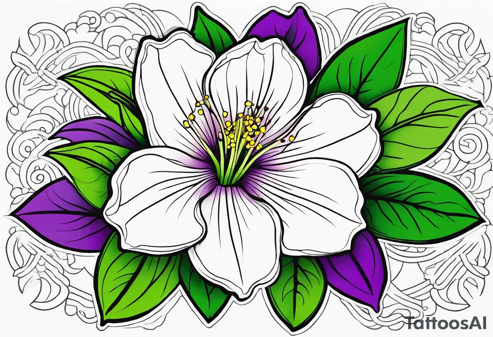 An outline of a green rio dipladenia flower and a green/purple in the background tattoo idea