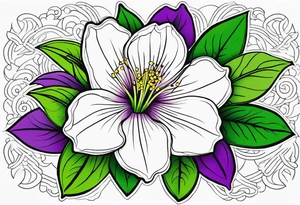 An outline of a green rio dipladenia flower and a green/purple in the background tattoo idea