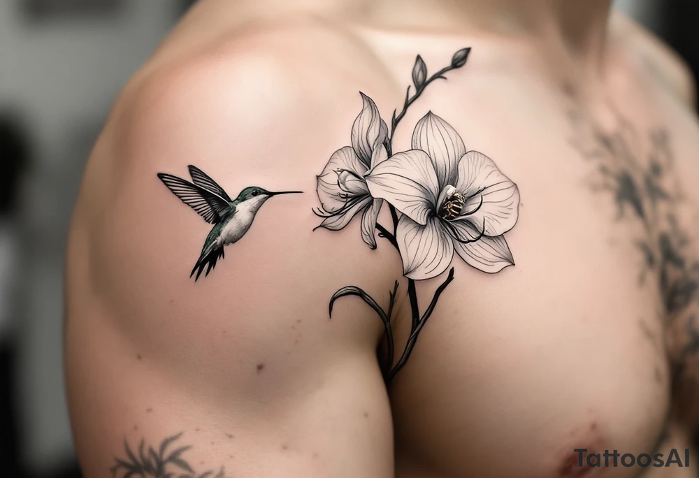 A delicate, black and white fine-line tattoo for male, featuring gracefully detailed 2 orchids in full bloom including their stems, with soft, intricate petals and elegant curves. Beside it, a hummingbird hovers mid-flight, its wings drawn with subtle motion lines, its slender beak reaching toward the orchid’s center to drink its nectar. on the other flower there is a bee that is resting tattoo idea